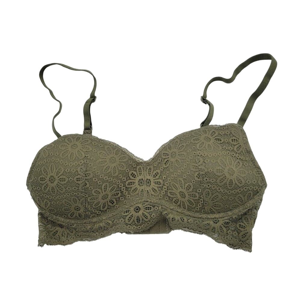 Live 2 Lounge Green Floral Lace Overlay Adjustable Demi Wire Free Bra Size Small